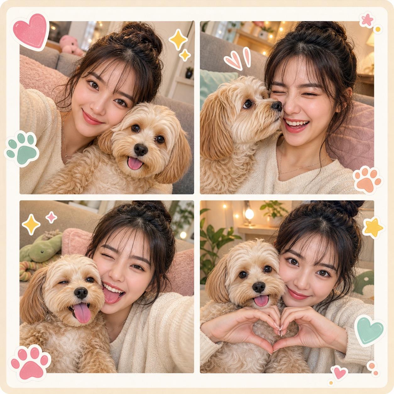Person and pet selfie collage with cheek-to-cheek smile, nose boop, silly face, and heart hands frames